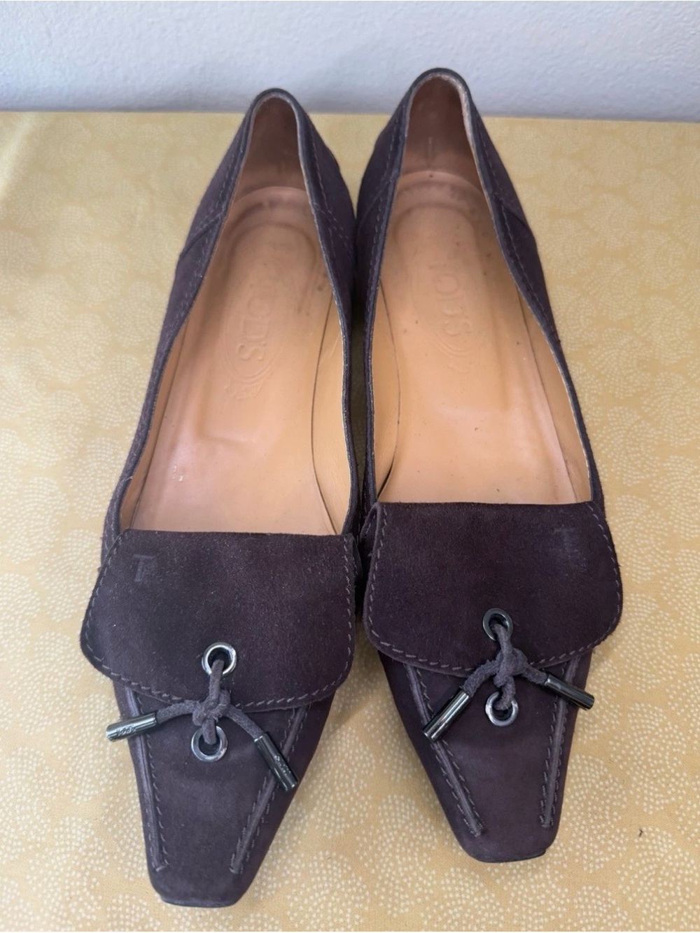 Tod's Dark Brown Suede Pointed Toe Loafers with Knot Detail